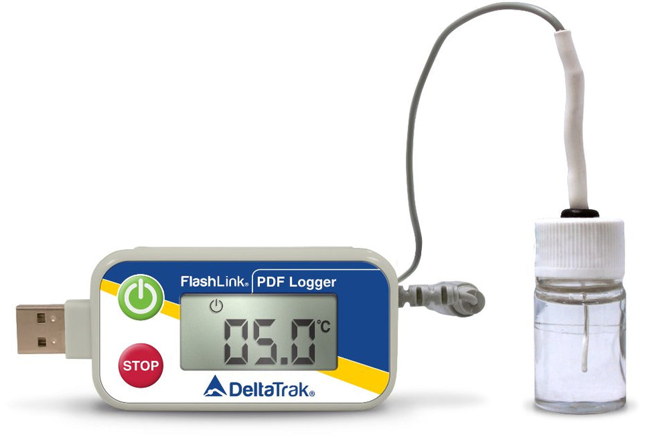 Vaccine Temperature Data Logger with Alarm Flashlink® PDF Logger Fahrenheit -58° to +104°F (-50° to +40°C) Glycol Bottle Probe Magnet Battery Operated