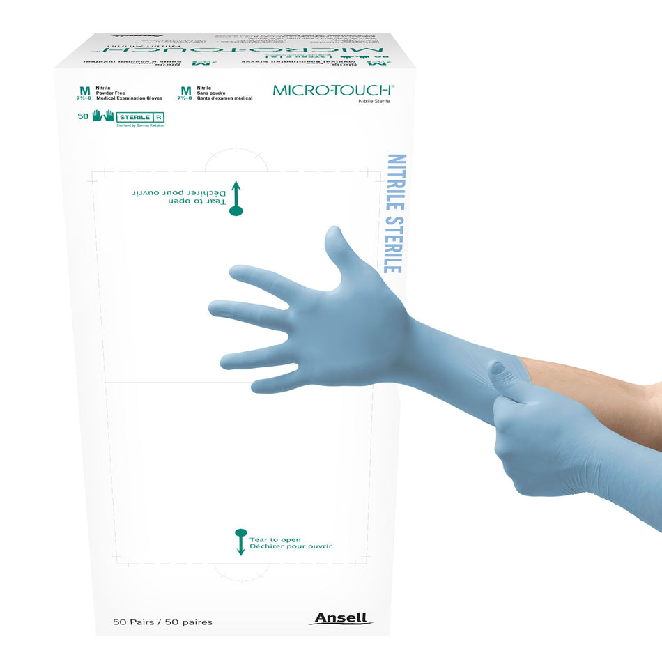 Exam Glove Micro-Touch® Medium Sterile Pair Nitrile Extended Cuff Length Textured Fingertips Blue Chemo Tested