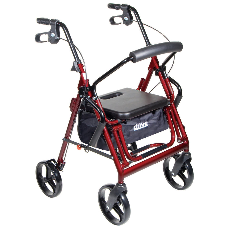 4 Wheel Rollator / Transport Chair drive™ Duet Burgundy Adjustable Height / Transport / Folding Aluminum Frame