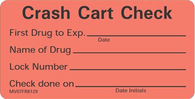 Pre-Printed Label Barkley® Auxiliary Label Red Crash Cart Check First Drug To Exp Name Of Drug Lock Number Check Done On Black Communication Label 1-1/2 X 2-15/16 Inch