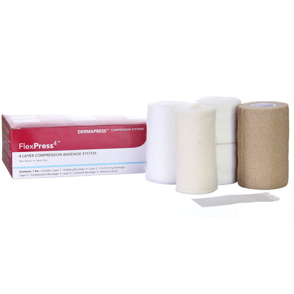 4 Layer Compression Bandage System FlexPress4™ Multiple Sizes Self-Adherent / Tape Closure Tan / White NonSterile Standard Compression