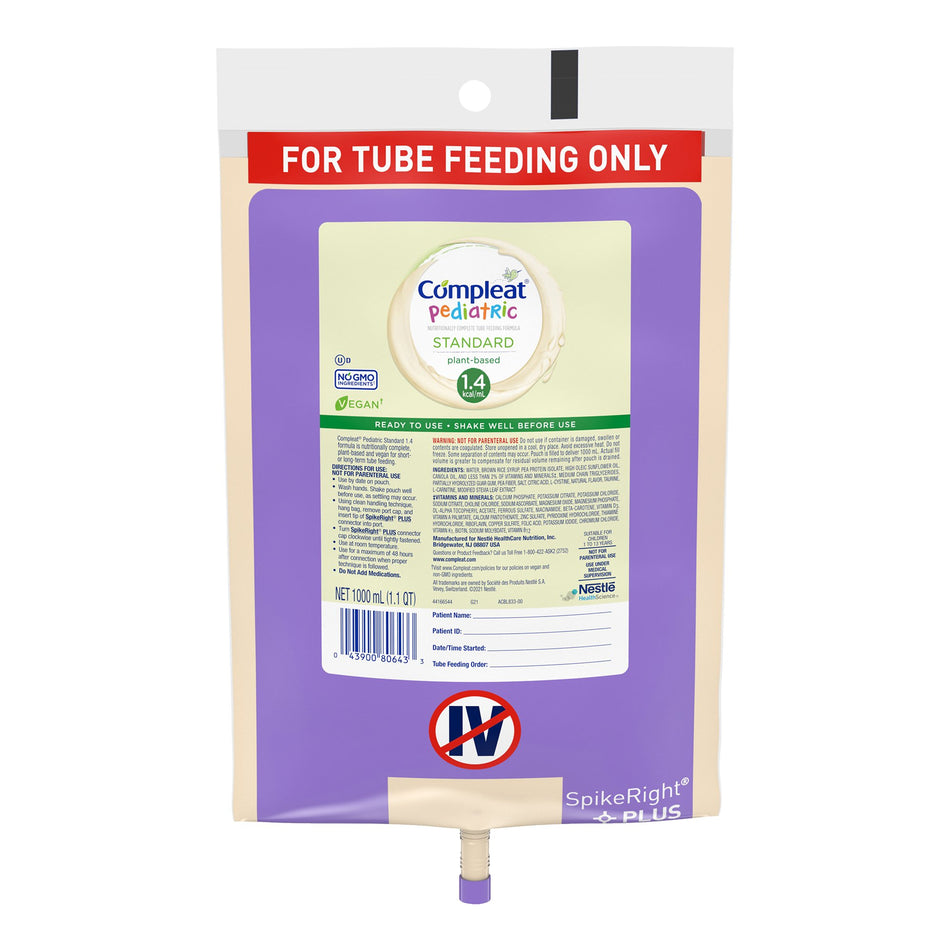 Pediatric Tube Feeding Formula Compleat® Pediatric Standard 1.4 Vanilla Flavor 1000 mL Bag Liquid Plant Based