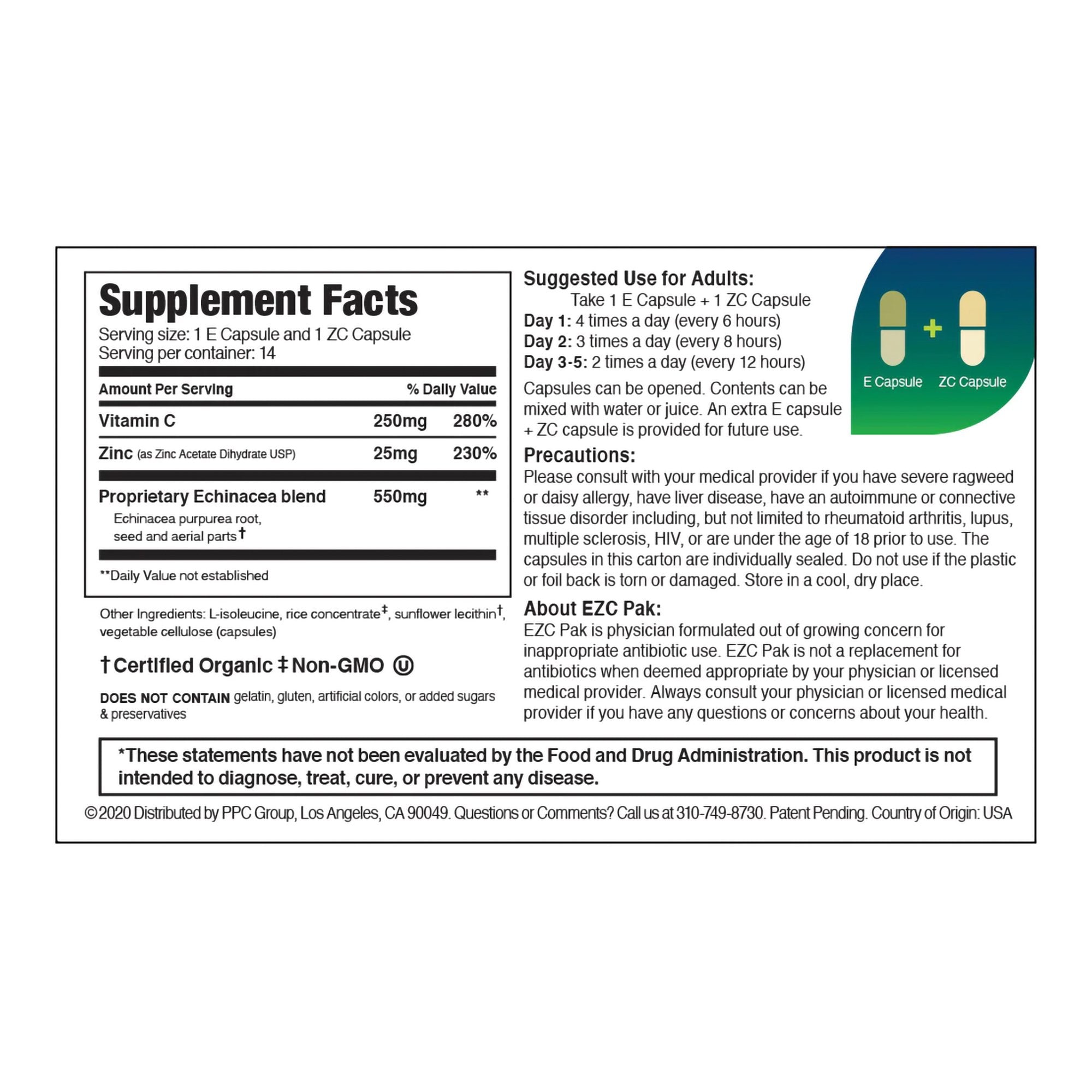 Vitamin and Mineral Supplement EZC Pak™ Echinacea / Zinc / Ascorbic Acid Capsule 28 per Box